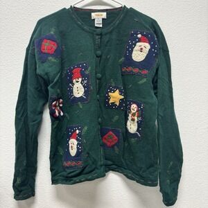 Talbots Christmas Cardigan Sweater Petites L Holiday Teacher Grandmacore Green